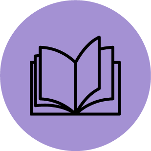 Icon of a black-outlined book over a purple circle