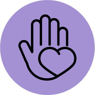 Icon of a black-outlined hand and a heart over a purple circle.