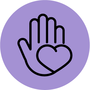 Icon of a black-outlined hand and a heart over a purple circle.