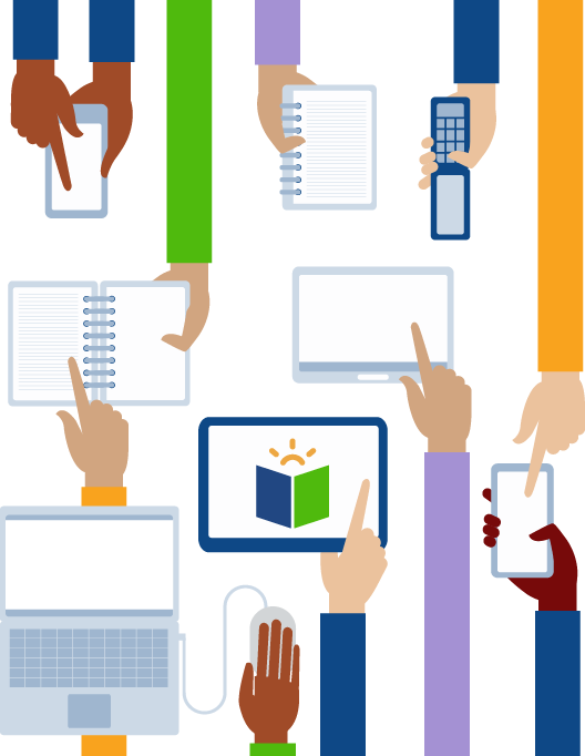 Illustration of hands of different colors holding laptops, books, tablets, and smart phones.