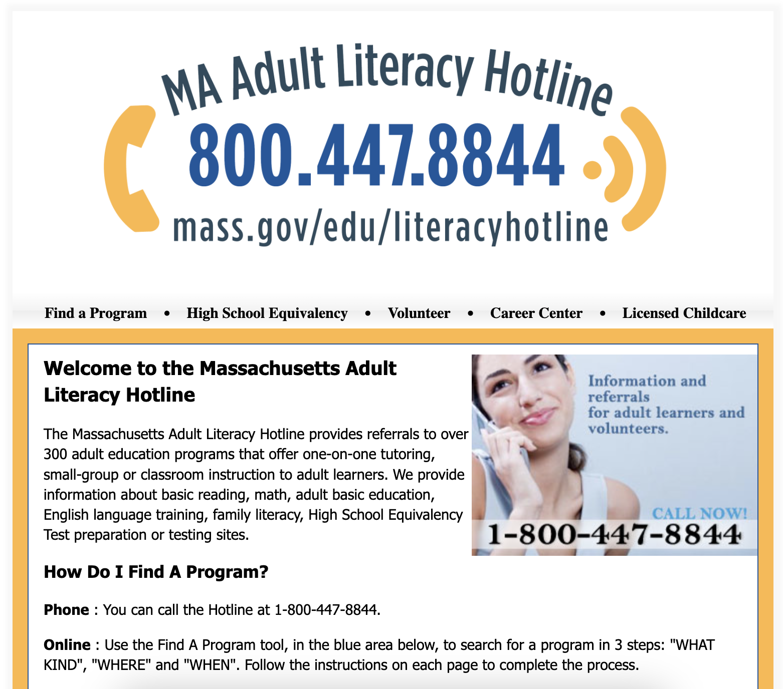 Screenshot of the old MA Adult Literacy Hotline website.